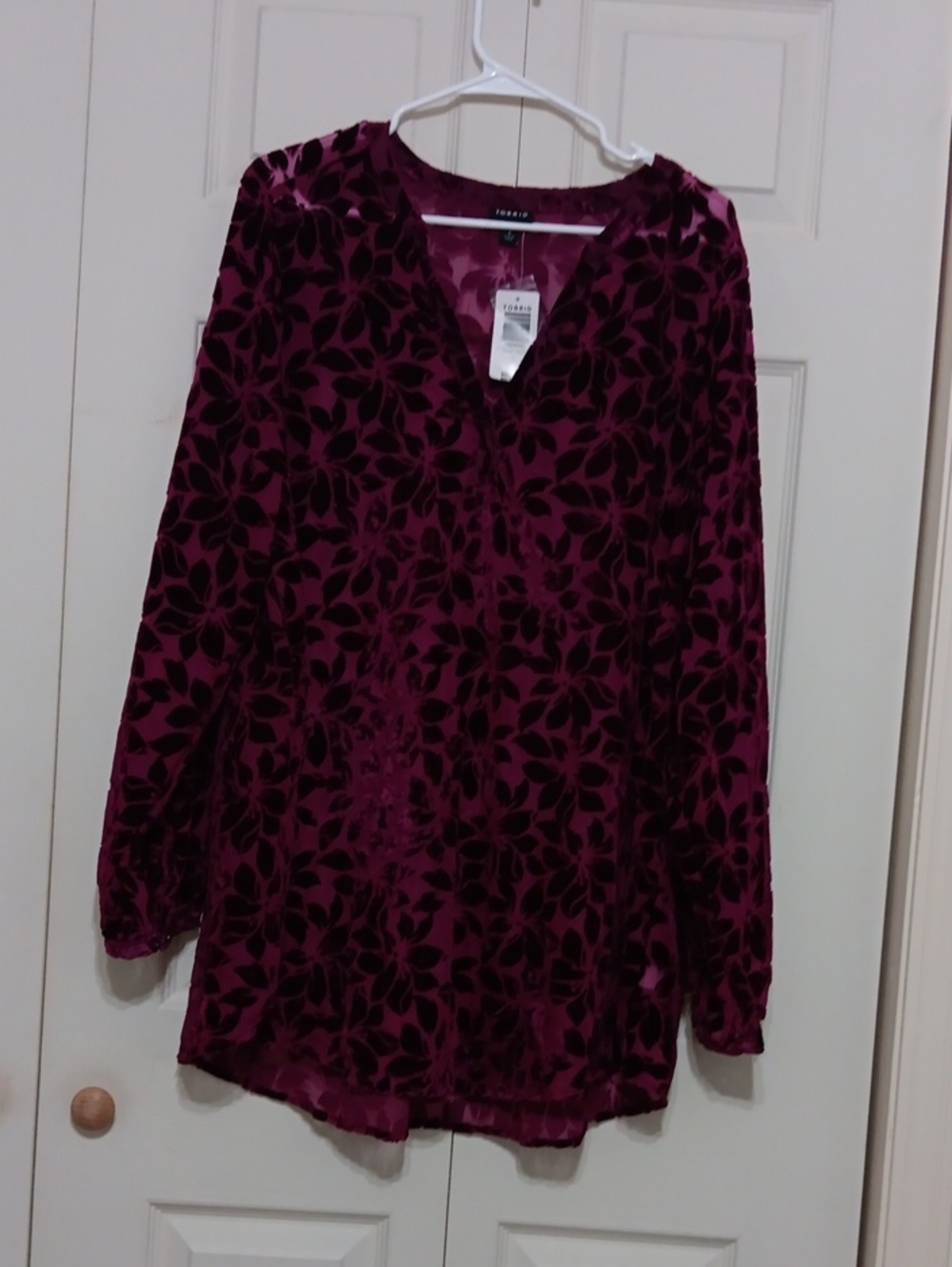 Torrid Plum Velvet Burnout V-Neck Long Sleeve Blouse